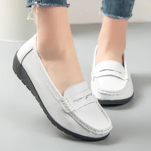 Classic white leather penny loafers for women, comfortable flat sole nurse walking shoes