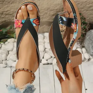 Summer fashionable ethnic floral wedge flip-flop sandals with comfortable platform