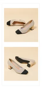 Detailed view of ribbed chunky heel pumps with square toe and black contrast cap