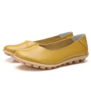 Comfortable yellow cowhide leather loafers with soft ox tendon sole for women