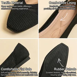 Detailed close-ups of breathable black knitted flat shoes with square toe and rubber sole