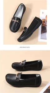Side and top views of black leather loafers with elegant gold metal chain hardware.