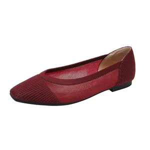Elegant burgundy mesh knit ballet flats for women with breathable square toe and flat sole