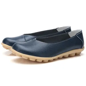 Navy blue women's leather flat loafers with comfortable non-slip rubber pebble soles