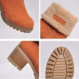 Detaillierte Ansichten brauner Wildleder-Schneestiefel mit Blockabsatz und warmem Fleecefutter