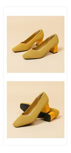 Detail view of yellow ribbed fabric block heel pumps with square toe and V-mouth design