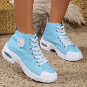 Light blue women's high-top canvas sneakers with air cushion and white thick soles