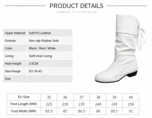 Size chart for white slouchy high boots with back bow detail and low 3.5cm heel