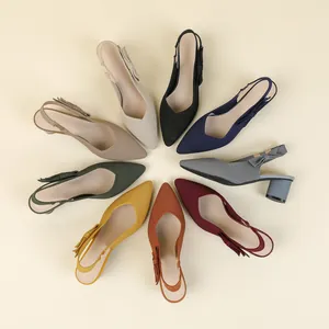 Women Slingback Chunky Heel Sandals Pointed Toe Fabric Dress Shoes With Bow Knot Fashion Breathable Block Heel Shoes For Lady