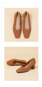 Macro view showing the brown ribbed knit texture and block heel of the women's square toe pumps
