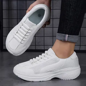 Breathable white dad sneakers with thick sole, casual sports shoes for men and women