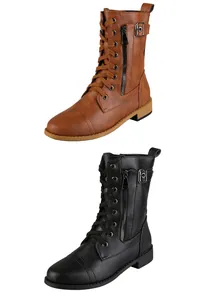 Vue détaillée de bottines de combat à lacets pour femmes en similicuir marron et noir chic