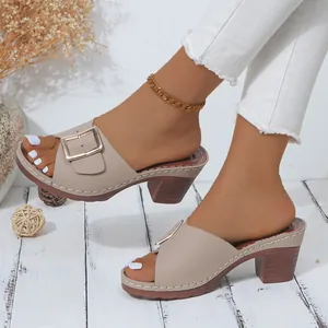 Elegant beige high heel mule sandals for women featuring metal buckle and block heel