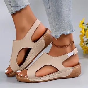 Elegant beige wedge sandals with hollow design and comfortable thick soft soles