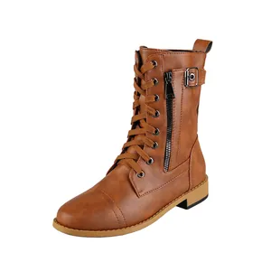 Bottines de combat classiques marron à lacets pour femmes avec détail de fermeture éclair