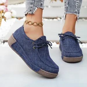 Mocasines de plataforma de lona azul marino con cordones y suelas de goma gruesas para mujer