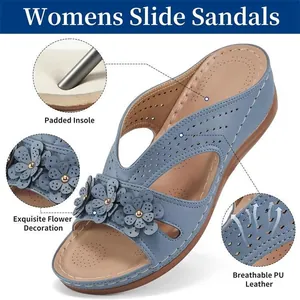 Sandalias azules de mujer con flores, plantilla acolchada y cuero PU transpirable