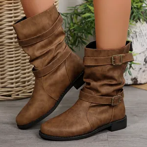 Stivali a Metà Polpaccio Western da Donna in Pelle PU Punta Tonda Fibbia della Cintura Increspati Tacco Basso Moda Inverno