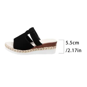 Detail view of black wedge platform sandal showing the 5.5cm heel height measurement