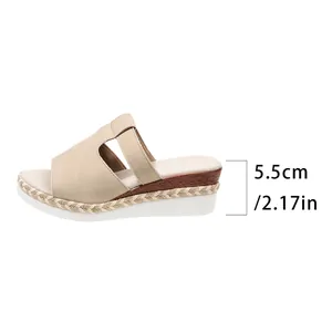 Detailed view of the 5.5cm wedge heel height on these beige slide sandals.