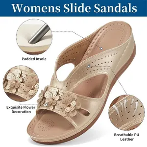 Sandalias de cuña doradas para mujer con flores y plantilla acolchada transpirable
