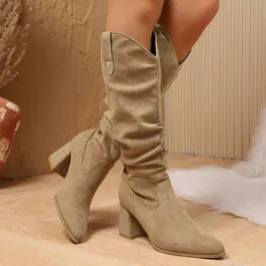Damen Western Stiefel Hoch Wildlederimitat Falten Blockabsatz Spitz V-Ausschnitt Cowboy Reiterstiefel Herbst Winter