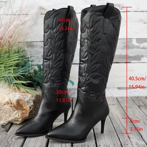Elegant black pointed-toe stiletto high boots with delicate leaf embroidery detail
