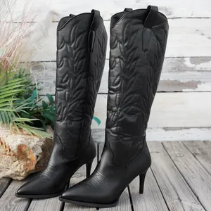 Bottes hautes élégantes à talons hauts et bout pointu brodé pour femme