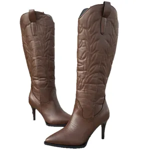 Bottes de cow-boy occidentales à talons hauts marron avec broderie de feuilles complexe