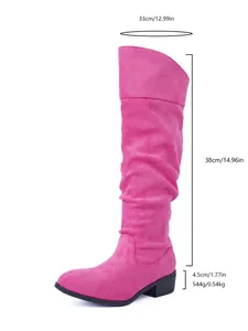Detail view of fuchsia slouchy boots with shaft and heel height measurement lines