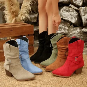 Elegant suede western slouchy boots with belt buckle detail shown in multiple colors