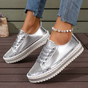 Trendy silver metallic platform sneakers for women with sparkle rhinestone details