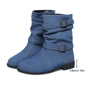 Stilvolle blaue Denim-Stiefel mit doppelten Schnallen und 2,8 cm Absatzhöhenmessung
