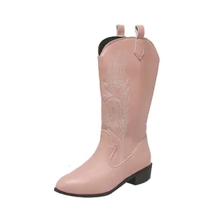 Elegant pink mid-calf cowboy boots featuring intricate white wing embroidery for women