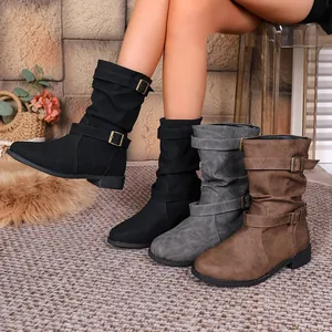 Damen Western Stil Wadenhohe Stiefel Runde Zehe Niedriger Absatz Lässige Faltenstiefel Mit Gürtelschnalle Kunstleder Stoff Winterschuhe