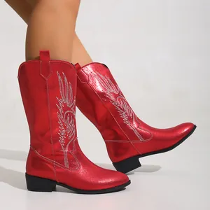 Detail of shiny red metallic cowboy boots featuring intricate white wing embroidery on the side