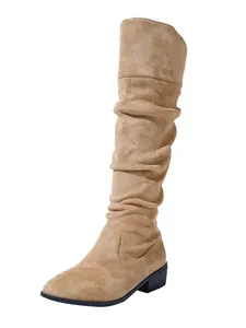 Detailed view of camel faux suede slouchy over-the-knee boots with pointed toe.