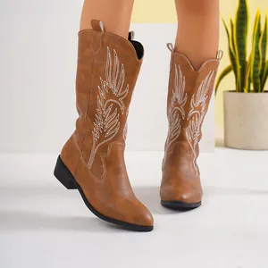 Detailed view of stylish brown embroidered cowboy boots with a pointed toe and square heel