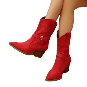 Stylish red suede western cowboy boots featuring a chunky mid-heel and buckle strap detail
