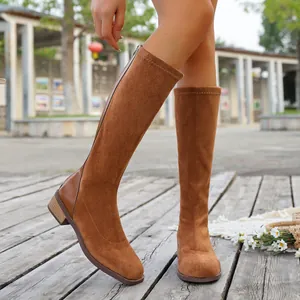 Chic women's brown suede tall boots featuring square toe and low block heel design