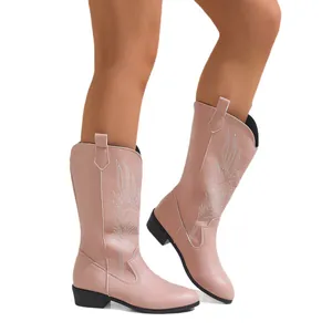 Pink embroidered western cowboy boots for women with pointed toe and block heel