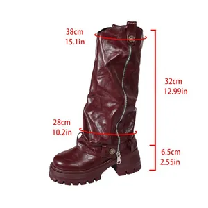 Detailed measurements of maroon mid-calf slouchy boots with a thick platform sole.
