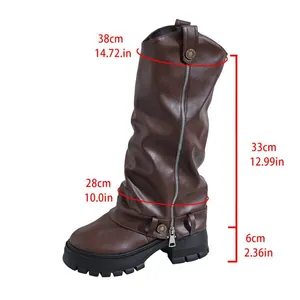 Detailed measurement view of brown platform knight boots showing shaft height and heel size