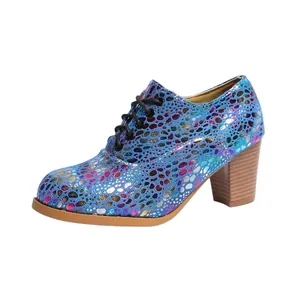 Side view of fashionable colorful glitter chunky heel lace-up shoes with round toe for women