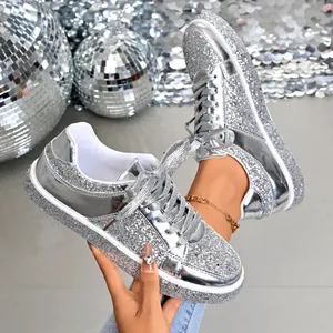 Women's Sequin Board Shoes Shiny Glitter Flat Sneakers Lace-up Champagne Silver Casual Fashion Low Top Shoes