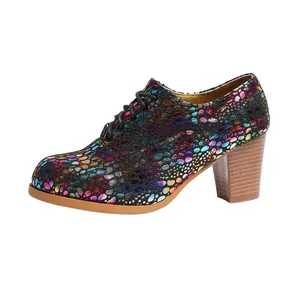 Detailed macro view of multicolor metallic scale texture on a chunky wood-grain heel shoe