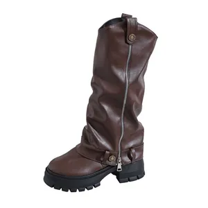 Stylish brown slouchy high boots for women featuring a side zipper and thick platform lug sole