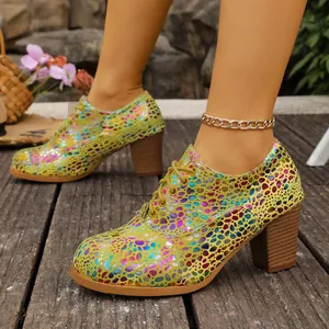 Detailed view of colorful iridescent chunky heel lace-up Oxford shoes for women design