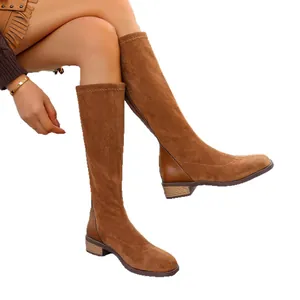 Stylish brown suede knee-high boots with square toe and comfortable low heel for women