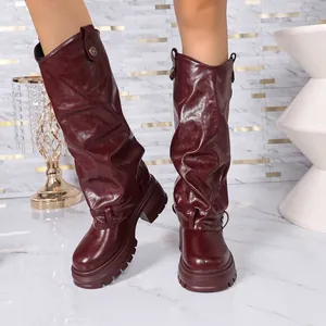 Elegant burgundy chunky sole knee-high slouchy boots with premium leather texture